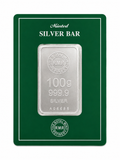 A 100g silver bar from The Royal Mint Refining, mounted on a dark green backing card with white text reading 'Minted SILVER BAR'.