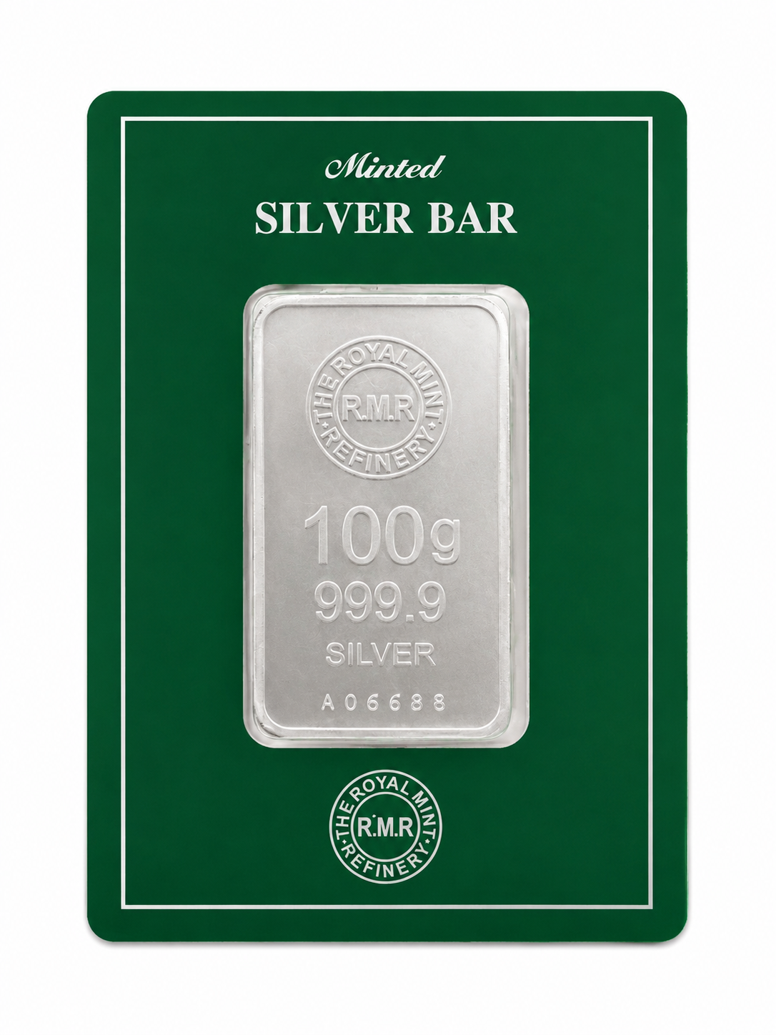 A 100g silver bar from The Royal Mint Refining, mounted on a dark green backing card with white text reading 'Minted SILVER BAR'.