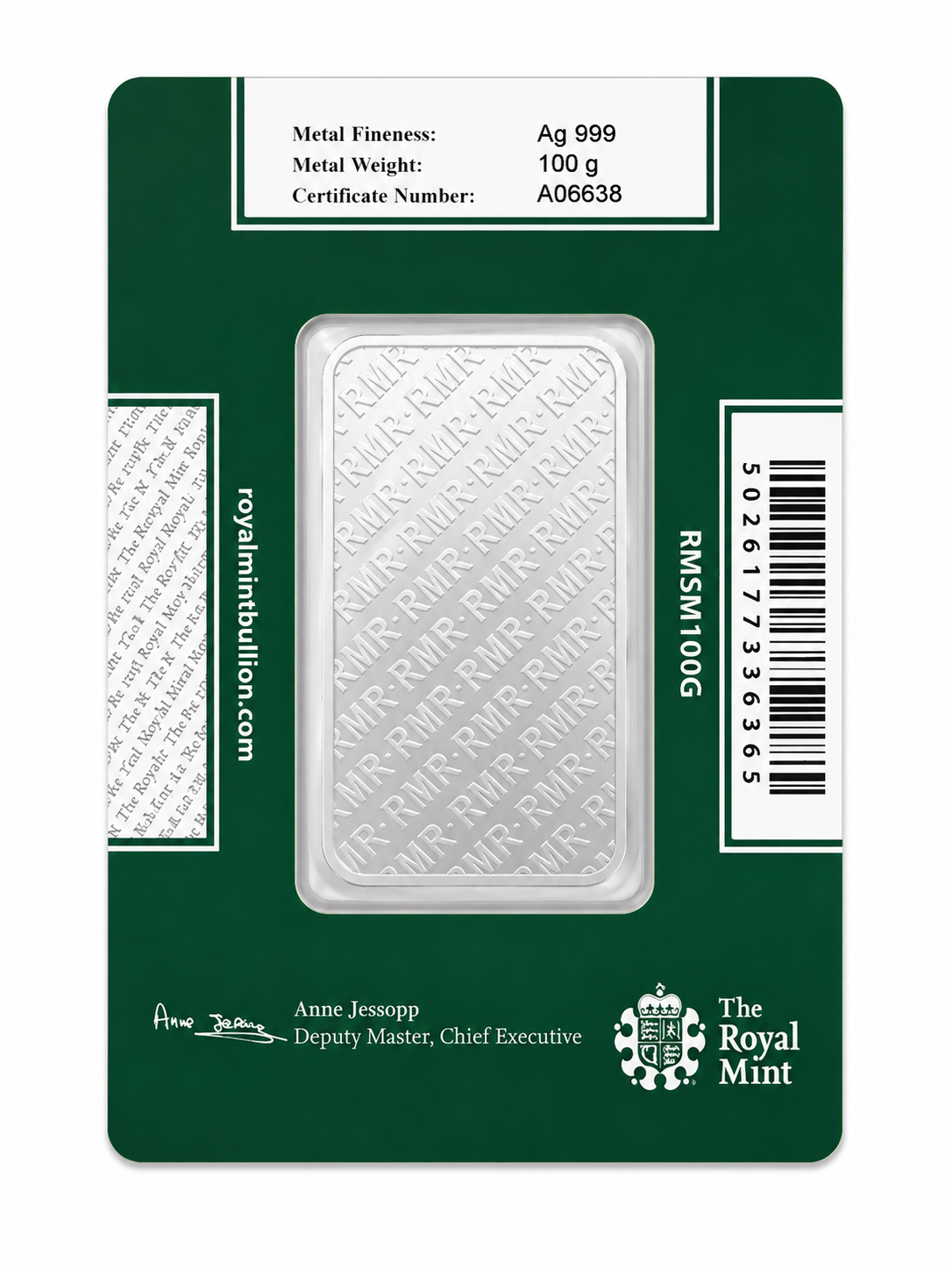 A 100g silver bar from The Royal Mint, displayed inside its dark green retail packaging card. The coin features the repeating monogram 'RMA RMR ARR ARR' and is secured in a clear plastic window.