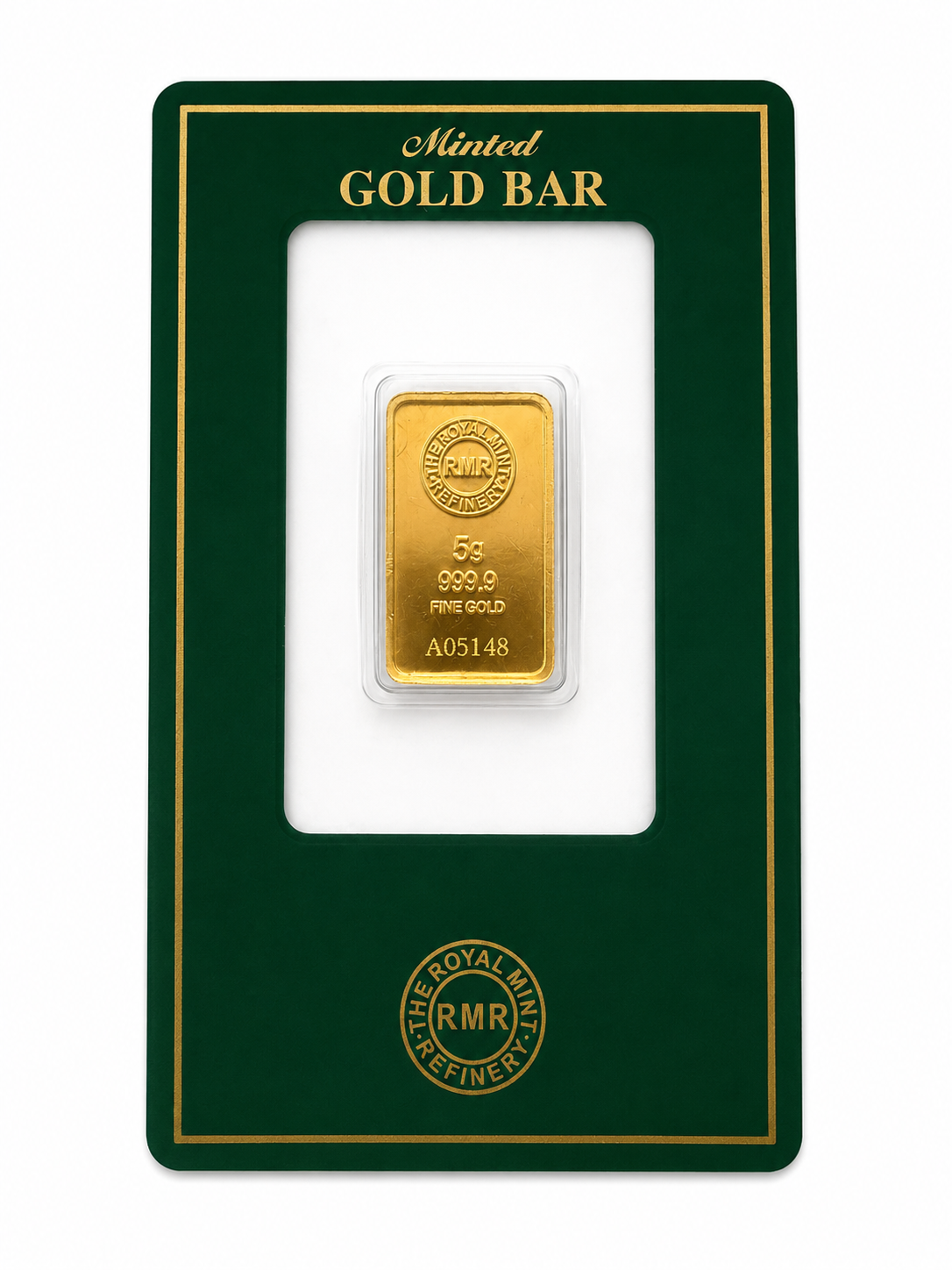 A 5g gold bar displayed in a clear plastic holder on a dark green Minted Gold Bar presentation card with gold lettering, shown against a plain white background.
