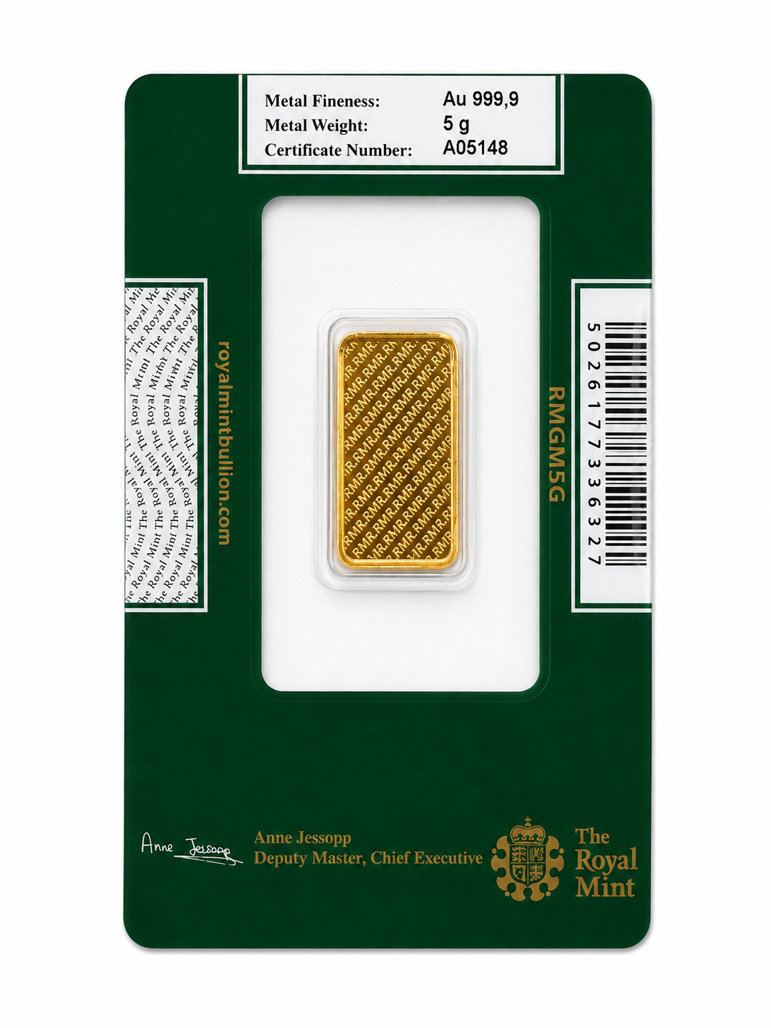 A 5g gold bar of Au 999.9 fineness, sealed in a clear plastic capsule and mounted on a dark green Royal Mint display card with a white label area and barcode.