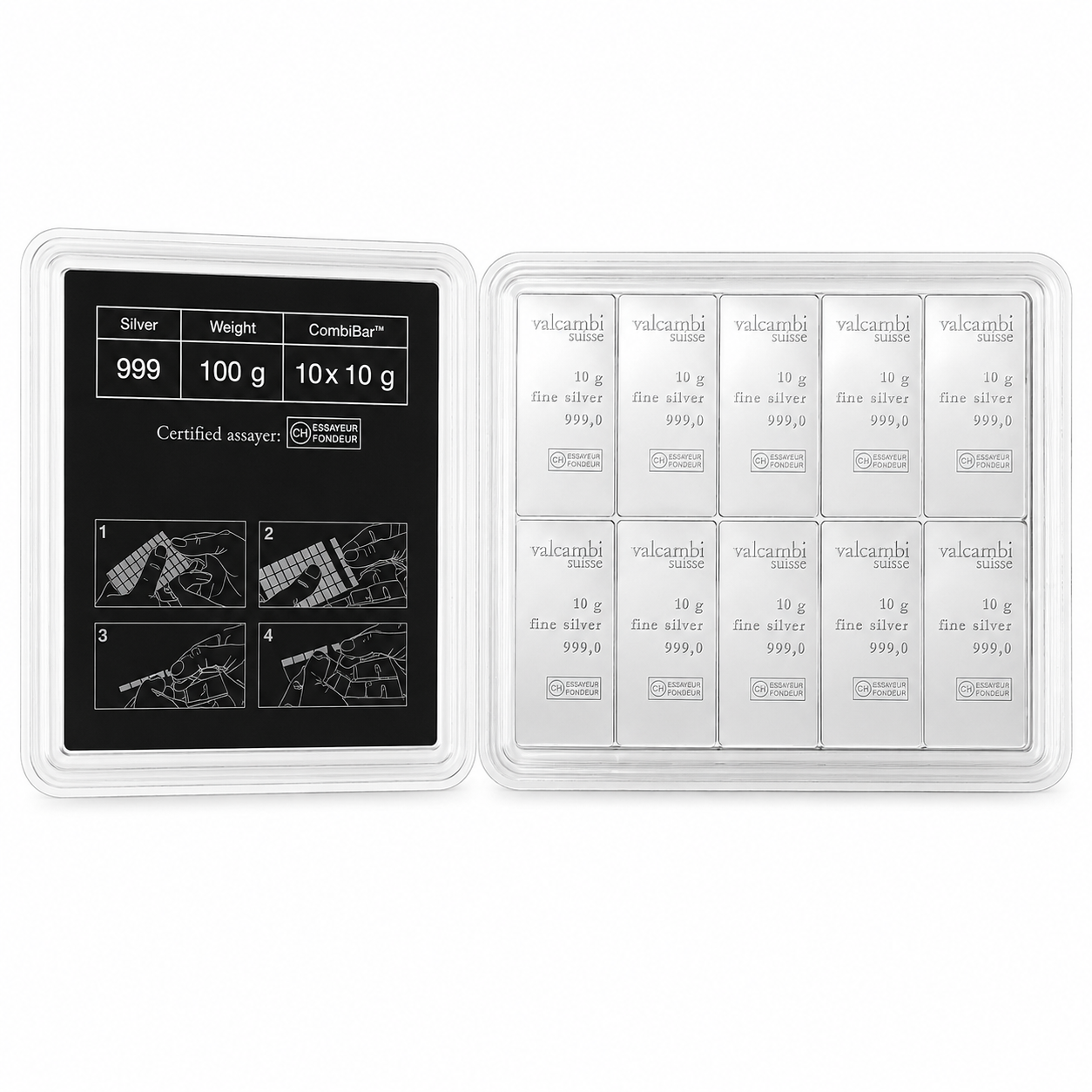 A 10-piece silver bar set in a clear plastic clamshell case, shown alongside its black and silver certificate of authenticity on a plain white background. total fine silver weight 100g