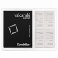 A Valcambi Suisse CombiBar fine 10x 10g silver in a clear plastic clamshell container, featuring one black card with white branding and text alongside four individual silver bars labeled 10 g fine silver 999
