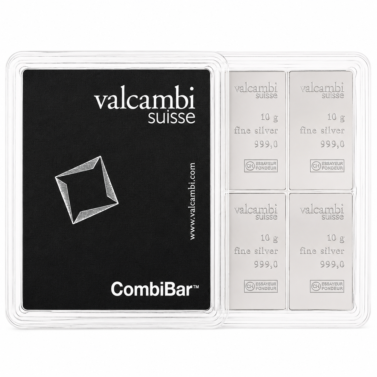 A Valcambi Suisse CombiBar fine 10x 10g silver in a clear plastic clamshell container, featuring one black card with white branding and text alongside four individual silver bars labeled 10 g fine silver 999